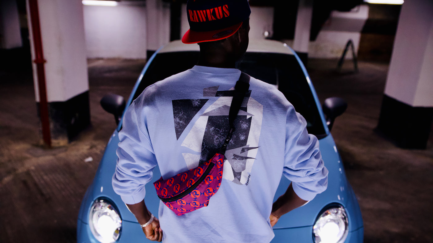 Royal Blue Fanny pack with red Rawkus Logo print.